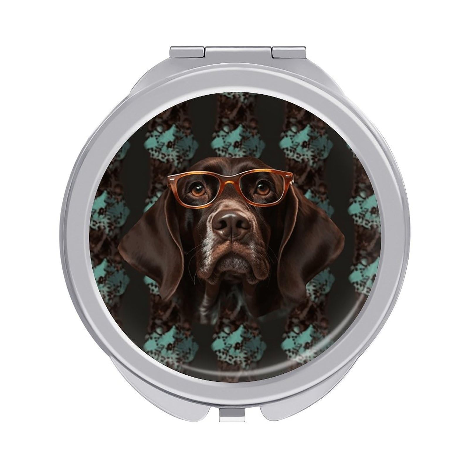 VstaDank German Shorthaired Pointer in Glasses Travel Makeup Mirror Cute Compact Mirror for Women 1X/2X Magnifying Metal Pocket Makeup Mirrors Folding Round Makeup Mirrors for Handbag Wallet & Gift
