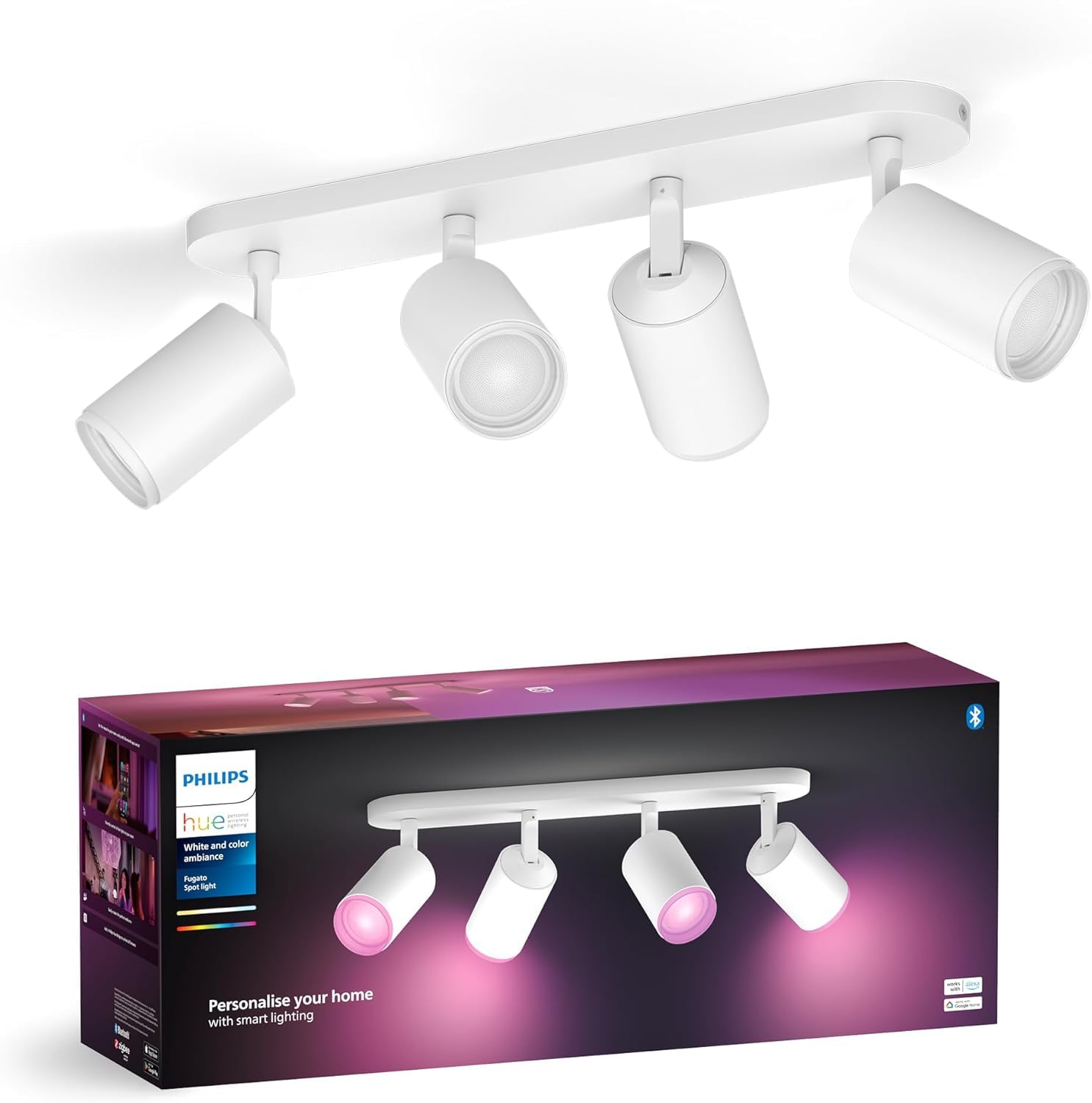 Philips Hue White & Color Ambiance Fugato Spot 4 flg. weiß 4x350lm, dimmbar, 16 Mio. Farben, steuerbar via App, kompatibel mit Amazon Alexa (Echo, Echo Dot)