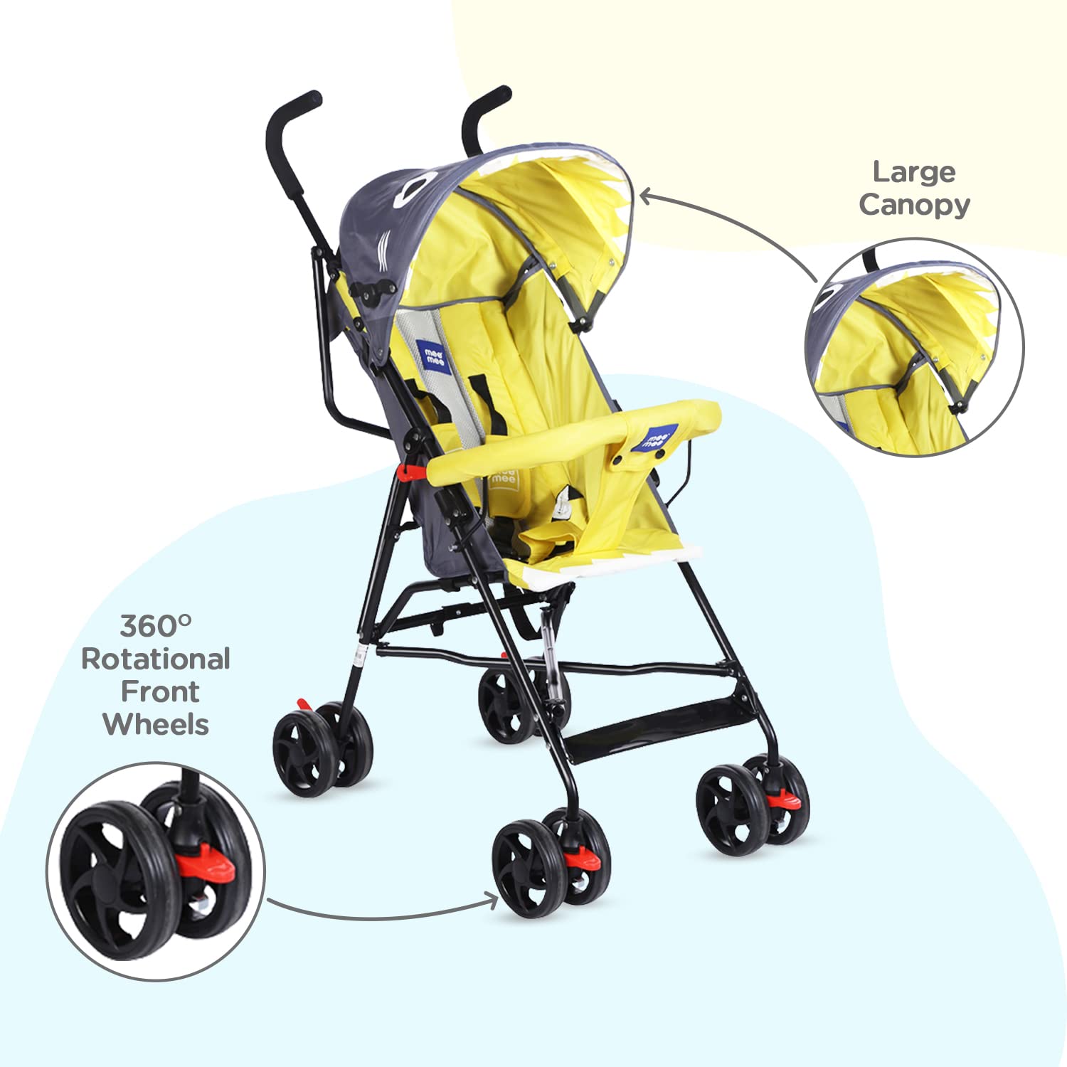 Mee Mee Baby Stroller for Infants 0-3 Years - Lightweight, Easy Fold, 360° Swivel Wheels, Multi-Recline, 5-Point Safety Harness (Yellow) 1