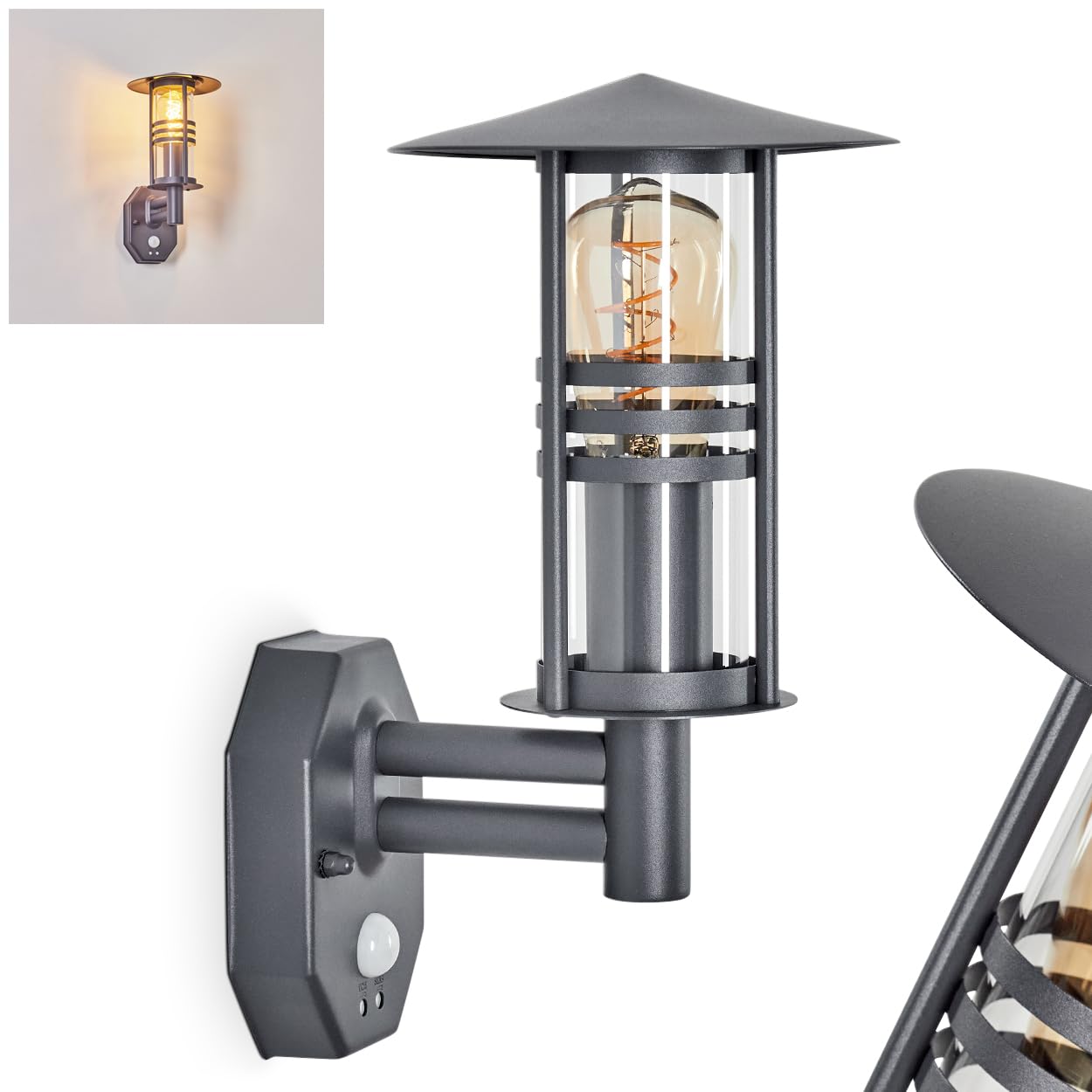 Zewnętrzna lampa ścienna Forli, lampa ścienna z czujnikiem ruchu wykonana z metalu/szkła w kolorze antracytowym/przezroczystym, lampa ścienna z kloszem wykonanym ze szkła/patio, E27, bez żarówki, IP44