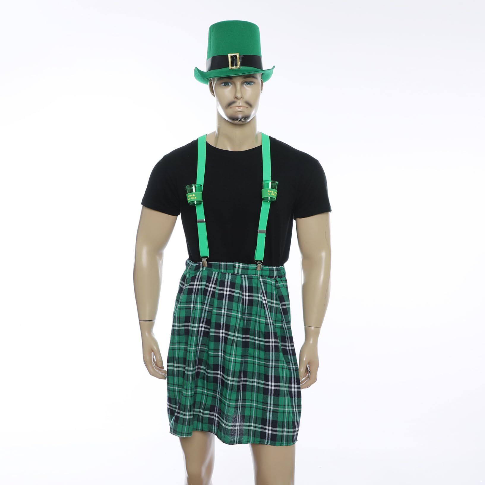 Kaerm St. Patrick Day Costume Set Top Hat Leprechaun Beard Bowtie Irish Plaid Skirt Glasses for Festival Party Type C One Size