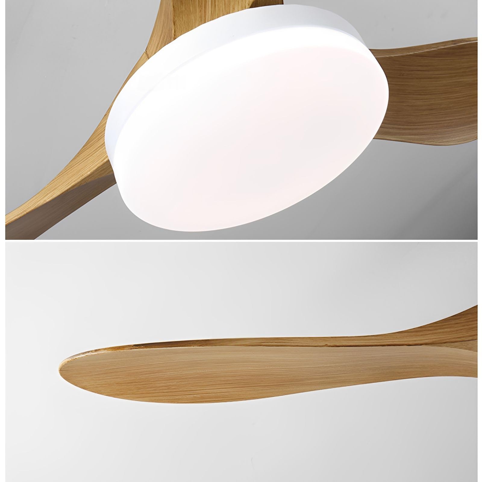 Ventilador de Techo Moderno Blanco con Detalles en Madera Clara, silencioso, con luz LED Regulable, Control Remoto Inteligente (por aplicación o Voz), 6 velocidades, Ideal para dor