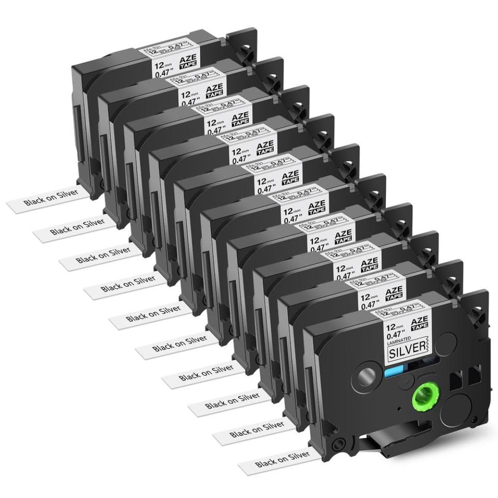 Confezione da 10 Nastri per Etichette Nero su Argento 12 mm 18 mm 24 mm Nastro Laminato Compatibile con Stampante TZ TZe 931 PT 1010