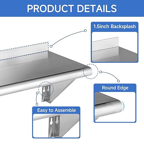 Miniatura 3 de Rockpoint Estante de acero inoxidable de 18 x 48 pulgadas, 320 libras, estantería flotante de montaje en pared comercial NSF para restaurante,