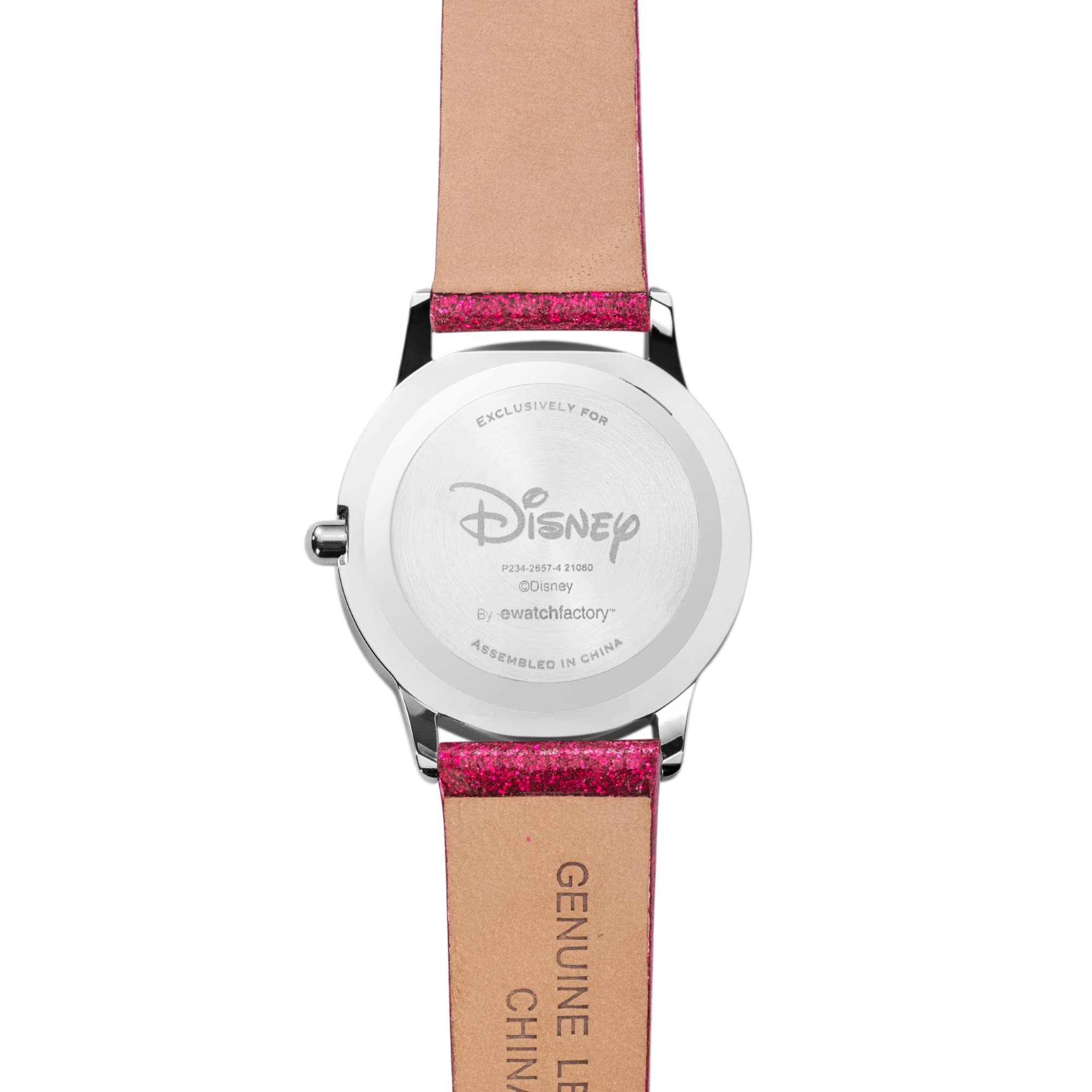 Disney Minnie Mouse - Orologio analogico in acciaio inox per bambini, con cinturino in pelle, cassa liscia, rosa, striscia, rosa, striscia
