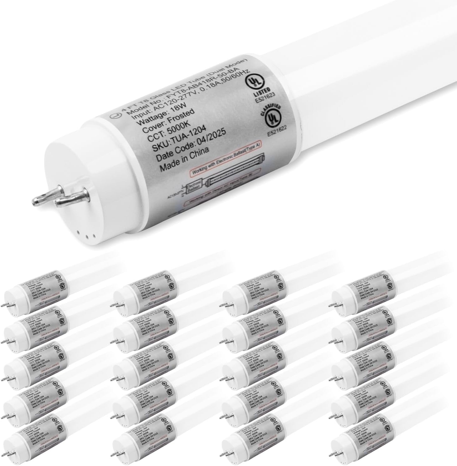 hykolity 20 Pack 4FT LED T8 Hybrid Type A+B Light Tube, 18W, Plug & Play or Ballast Bypass, Single-Ended OR Double-Ended, 5000K, 2400lm, Frosted Cover, T8 T10 T12 for G13, 120-277V, UL Listed 4 Ft | 5000k