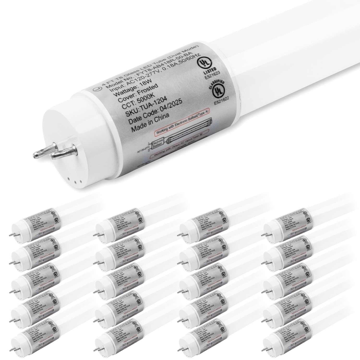 hykolity 20 Pack 4FT LED T8 Hybrid Type A+B Light Tube, 18W, Plug & Play or Ballast Bypass, Single-Ended OR Double-Ended, 5000K, 2400lm, Frosted Cover, T8 T10 T12 for G13, 120-277V, UL Listed