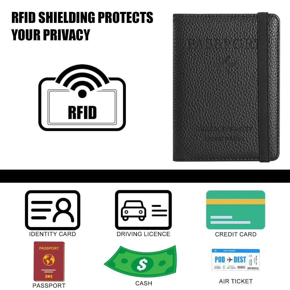 Etui na paszport, etui na paszport z blokadą RFID, uchwyt na paszport dla kobiet i mężczyzn, portfel podróżny, organizer na karty kredytowe, dowód osobisty i dokumenty podróżne (czarny)