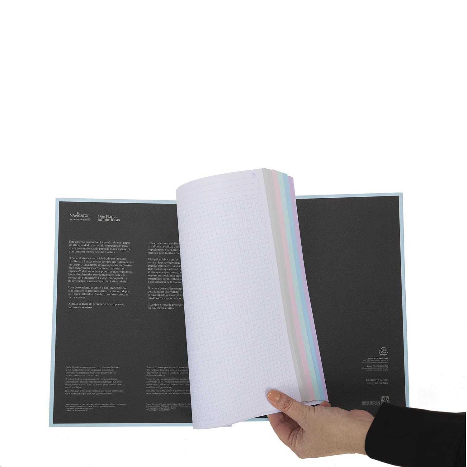 Navigator Cahier microperforé a4 + quadrillé 5 x 5 cm | Couvercle extra long | Bleu pastel | 5 bords couleur | papier 80 g | 120 feuilles 4 perceuses | spirale Coil-Lock | Papier Premium Writing