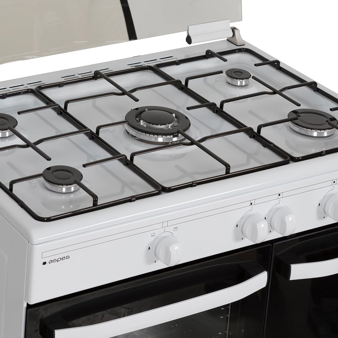 Aspes Cocina Gas Butano 90 cm 5 Zonas de Cocción, Horno 62 L, Blanco, AKGW5901PB. Control Manual, Quemador WOK Triple Llama, Compartimento Bombona Butano, Cristal en Puerta, Tapa Abatible