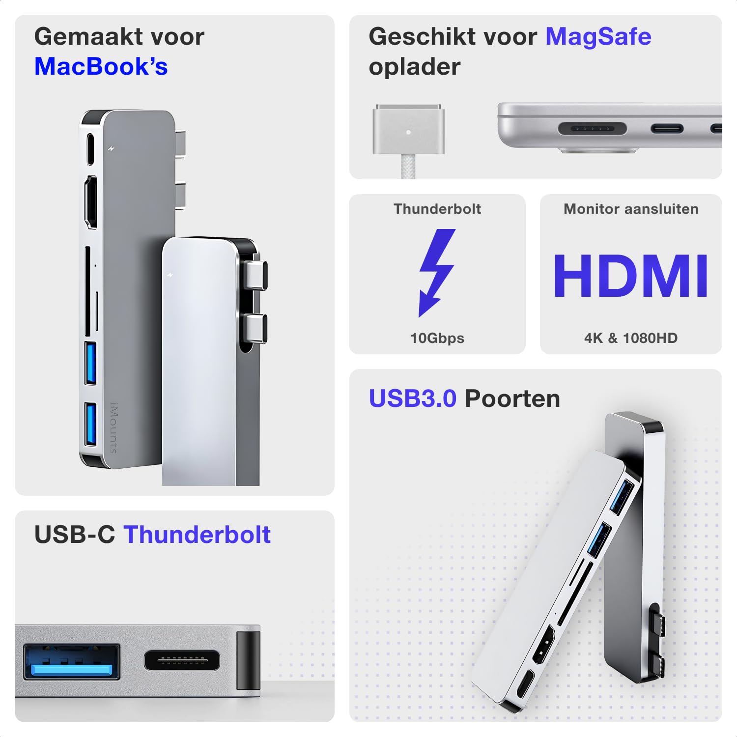MacBook USB-c hub - M2/M3, HDMI (Midnight Blue) iMounts USB-c hub Suitable for MacBook Air/Pro - HDMI - Thunderbolt 3 - SD Reader - USB-C (Argent)
