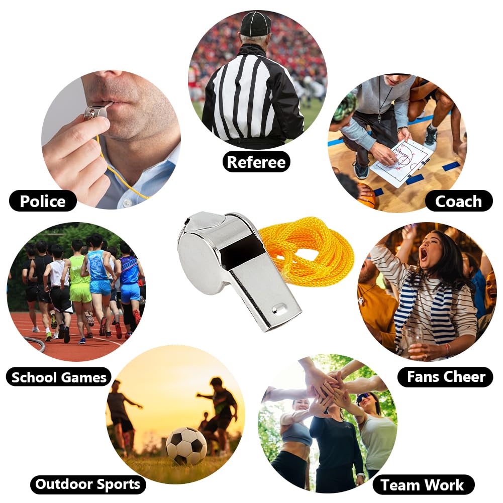 50 silbatos deportivos con cordón, silbatos deportivos de metal de acero inoxidable para árbitro para entrenamiento deportivo, señalización de emergencia y actividades al aire libre