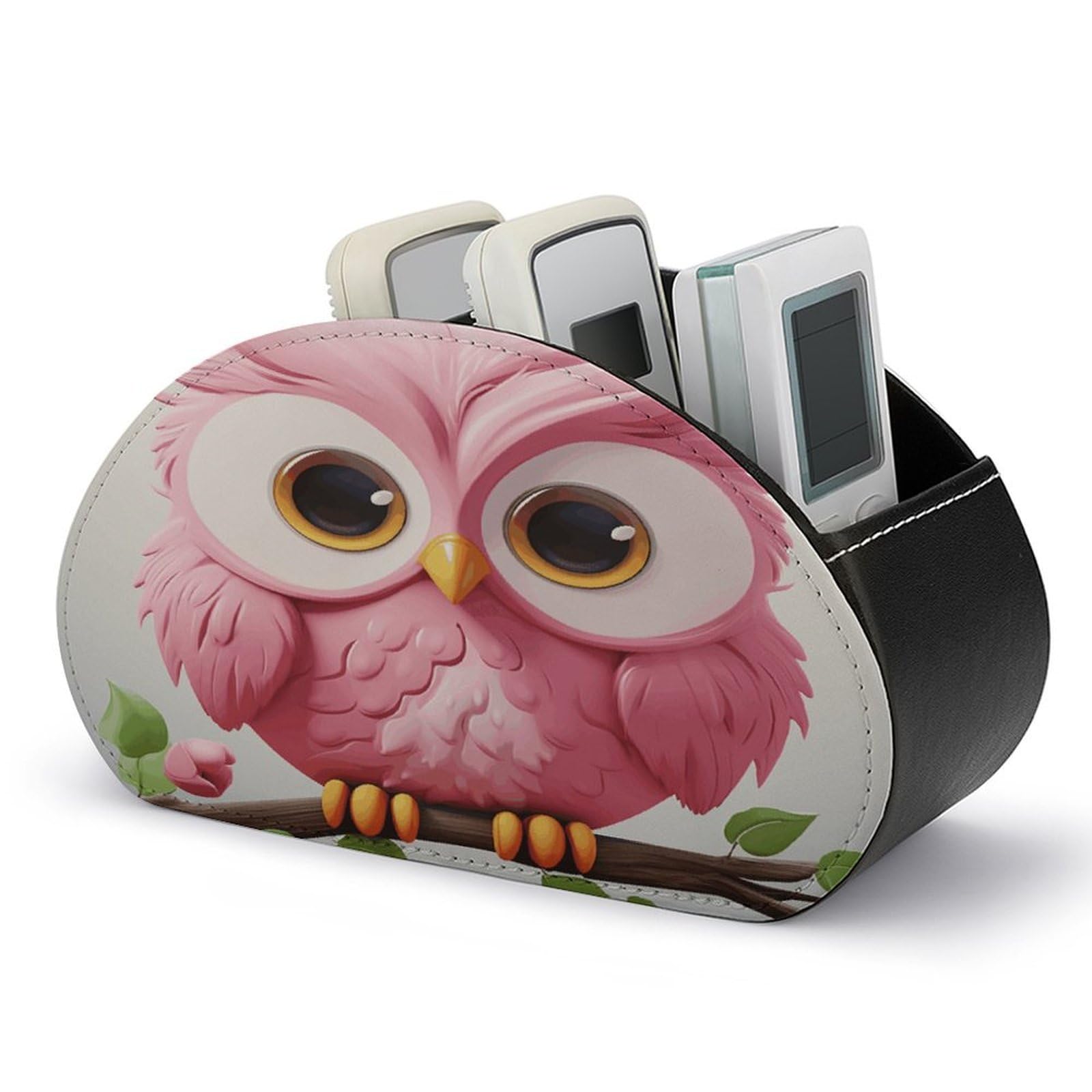 FekiLoot Leather Remote Control Holder with 5 Compartments A Pink Owl Remote Caddy Desktop Organizer Store TV Remote Holder Remote Organizer for Bedside Table Office Desk