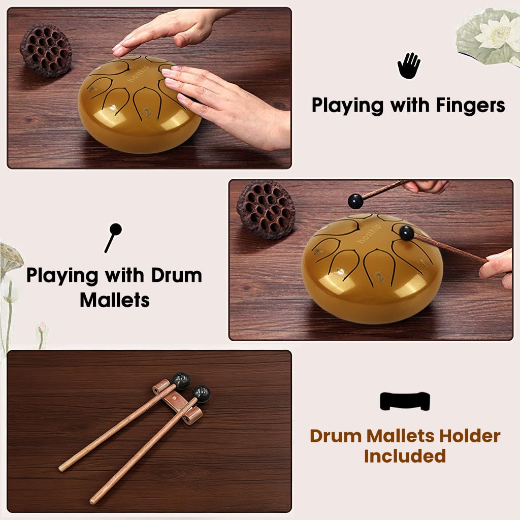 HASTHIP® 6-inch Steel Tongue Drum 8 Note, Percussion Instrument Handpan Drum with Bag, Music Book and Mallets for Kids and Adults Meditation Musical Education Concert Mind Healing Yoga (Gold) 4