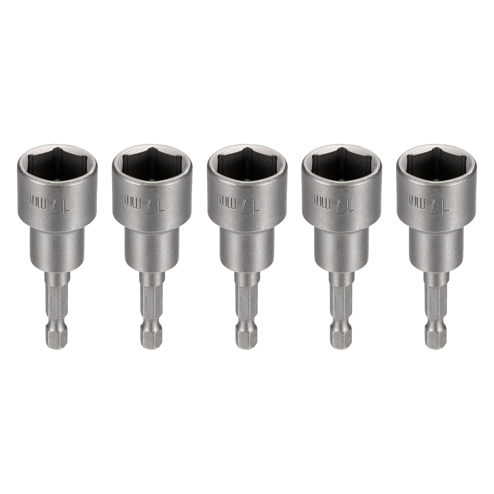 sourcing map 5pcs Nut Driver Drill Bit 17mm Metric Socket 1/4" Hex Shank 2.56" (65mm) Magnetic 6-Point Sockets Quick Change Cr-V Steel Bolt Setters for Power Drill Drivers, Gray