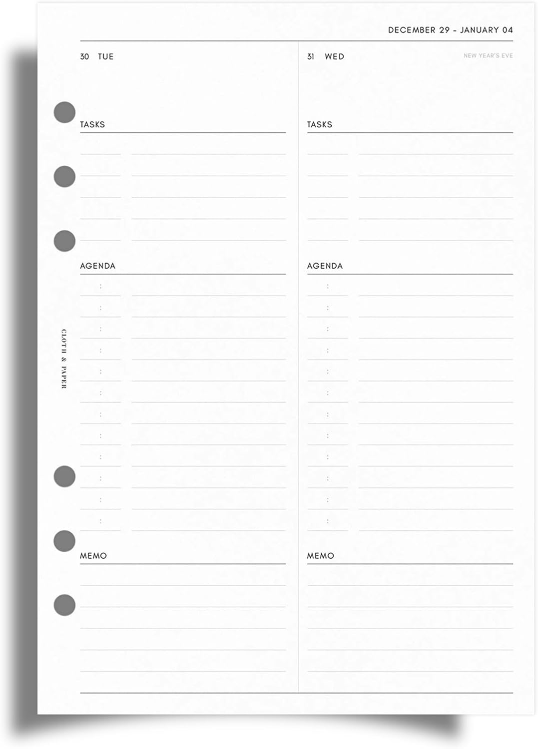 Cloth & Paper 2026 Dated Daily Planner Inserts - Monday Start | A5 Size 5.8 x 8.3 Inches | 6 Ring Planner Refills | 2 Days Per Page | Minimalist Daily Organizer Pages | Heavyweight Paper