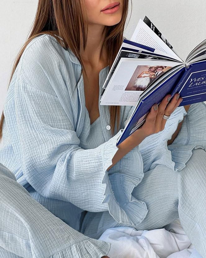 Womens Muslin Pajama Set Cotton Gauze Loungewear 3 Piece Long Sleeve Button Down Sleepwear Ruffle Pj Set - Image 3