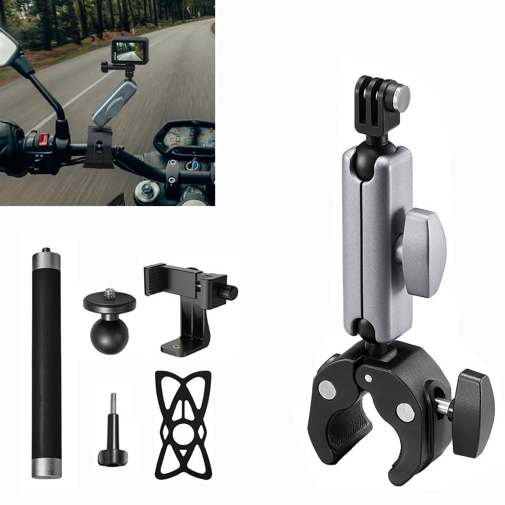 ROUSKI Motorcycle Bike Mount with Flexible 360 Ball Head 15cm Extension Pole Compatible with GoPro Hero 12/11/10/9/8/7/6/5 Black,DJI Osmo Action 3 and Most Action Cameras