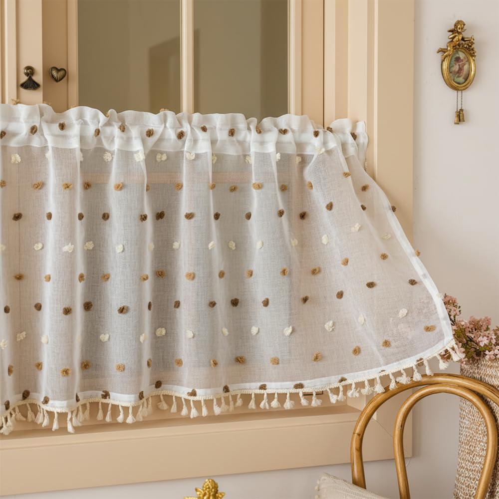 BDKMMS Boho Short Curtain, 55.1×17.7Inch Light Filtering Glass Window Curtains Bohemian Tassel Valance for Kitchen Bathroom Windows