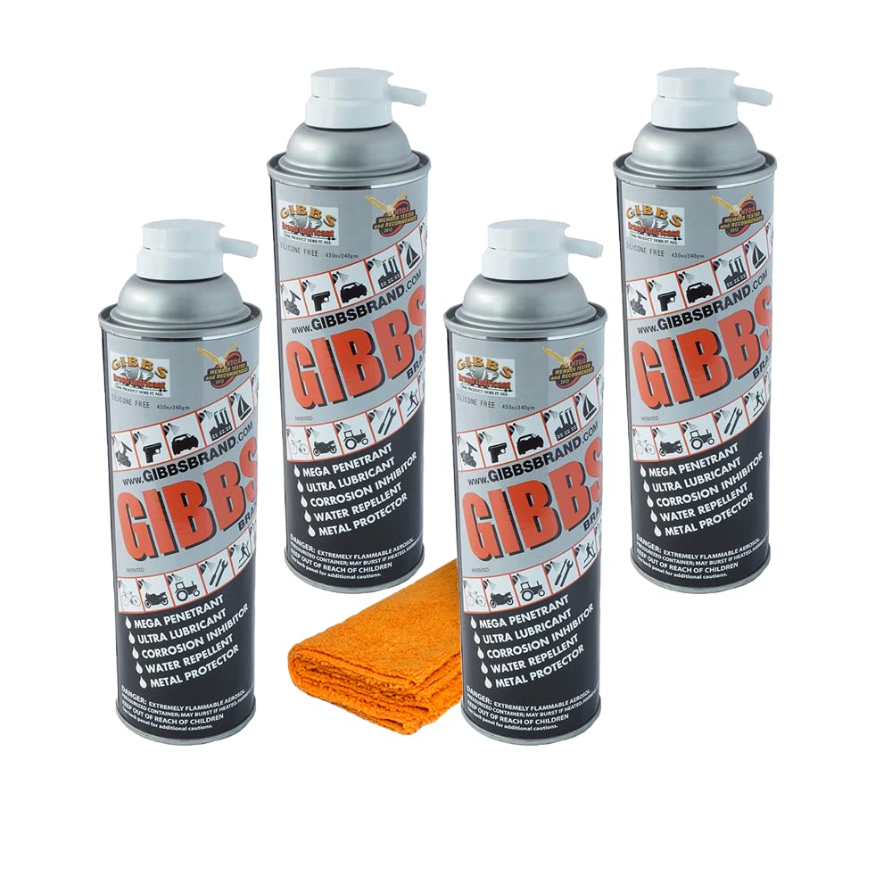 Gibbs Brand Lubricant - Penetrating Oil - Multi Purpose - Corrosion Inhibitor (4 Pack) with Microfiber Towel 14" x 14"