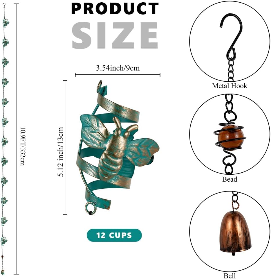 10.9 Ft Rain Chain for Gutter - 12 Cups Green Bee Decor for Eaves Drainage, Detachable Rain Catcher Chains Replacement Outside Downspout