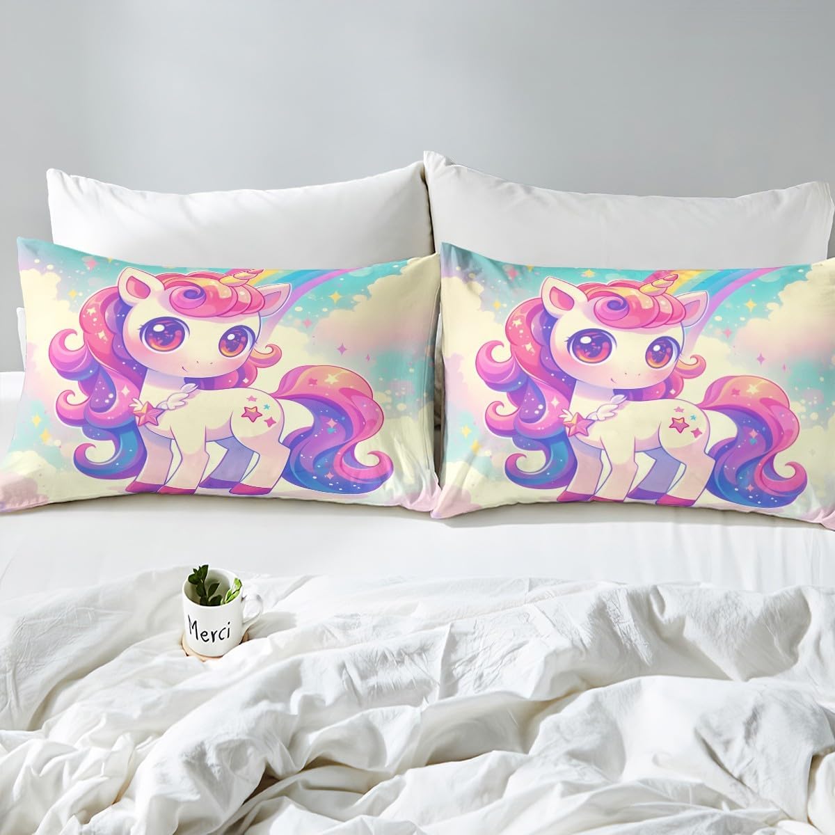 Cute Unicorn Duvet Cover Set Toddler Size,Cartoon Animals Bedding Set,Rainbow Cloud Magical Horse Quilt Cover for Kids,Comforter Cover(No Filler),2 Pcs