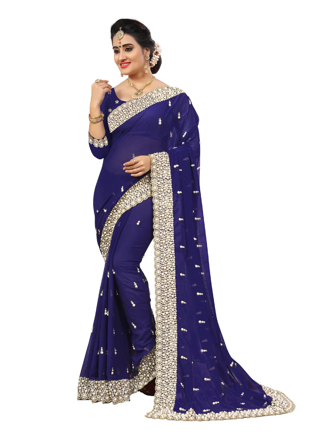 KAD CreationsIndian Blue Heavy Zari Embroidery White Moti Stone Work Georgette Sari Saree for women