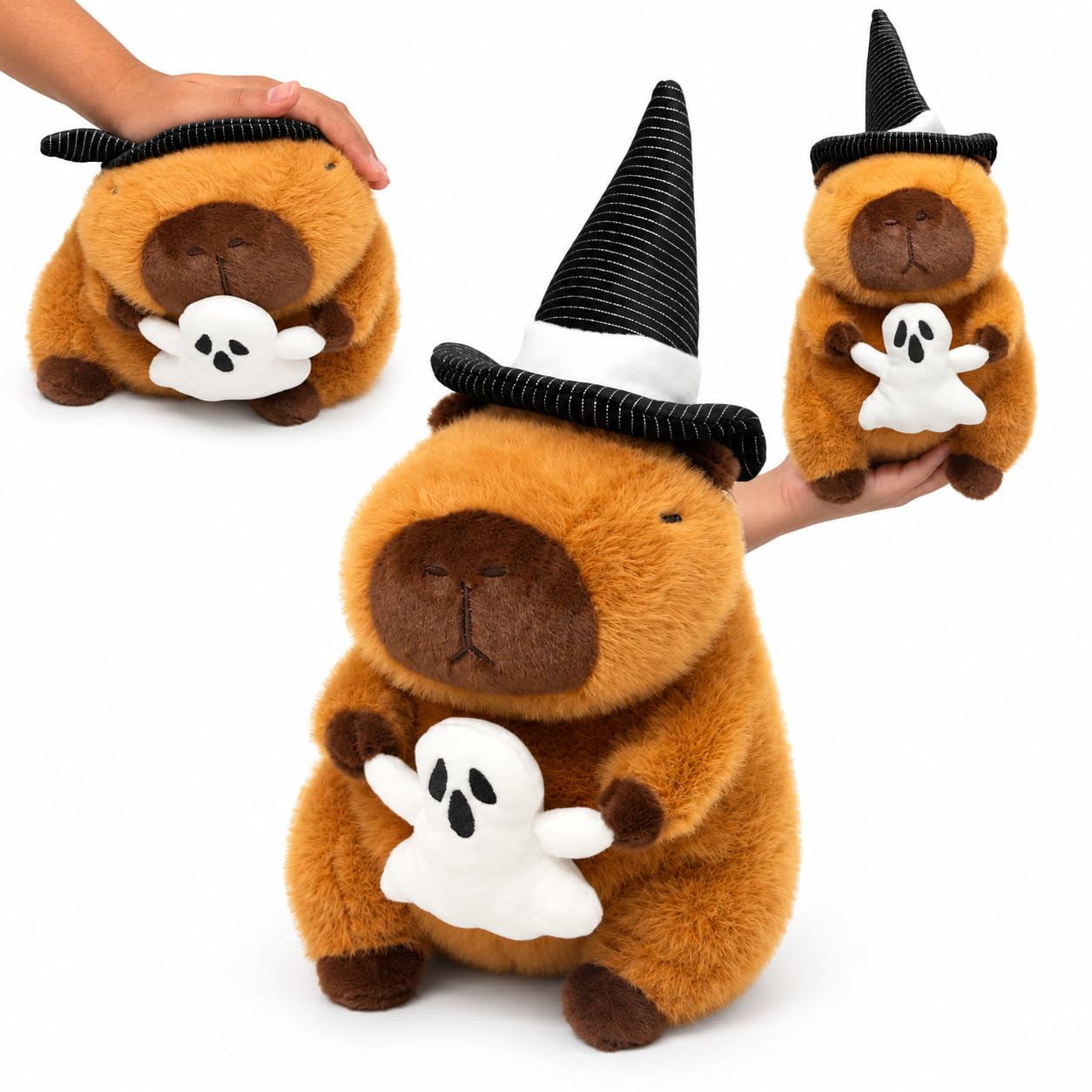 SRV Hub Cute Capybara Soft Toy 30cm - Halloween Themed Brown Soft Toy with Witch Ghost Hat, Ghost Accessory, Spooky Plush Perfect for Hallows Eve, Decoration Gift for Kids & Adults