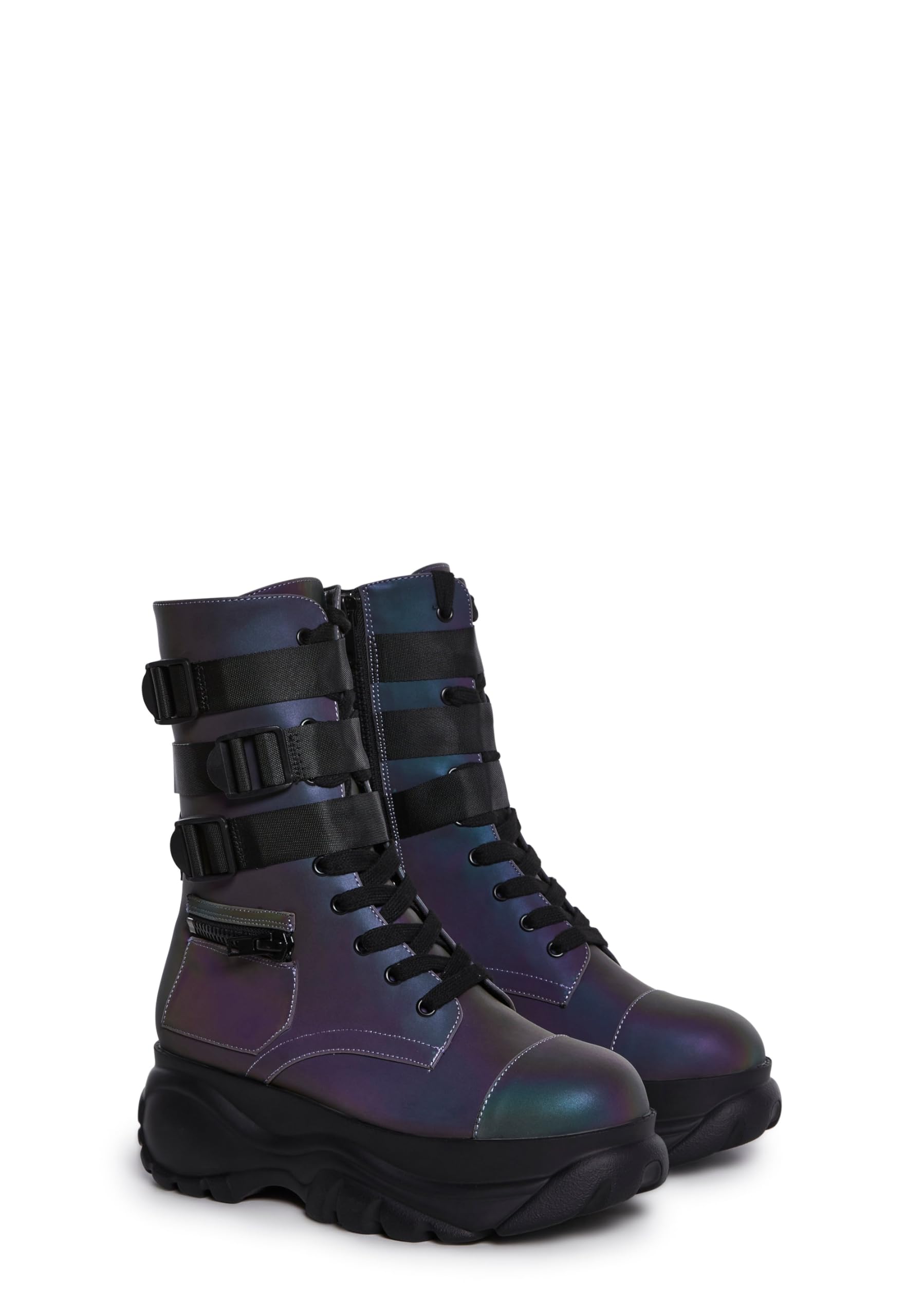 Dolls Kill Mad Hustle Pocket Combat Boots by Poster Grl – Chunky Platform Combat Boots with Zipper Pockets & Buckled Straps