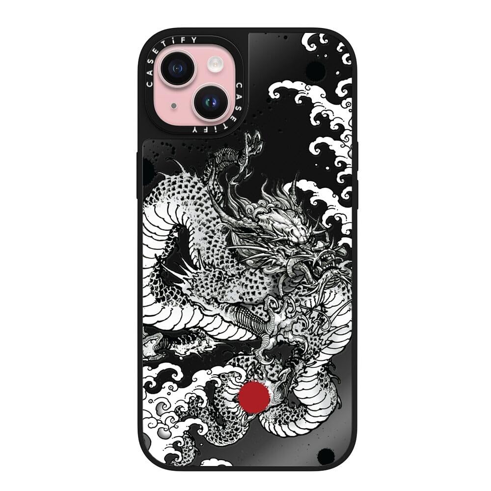 CASETiFY Mirror Case for iPhone 15 Plus, front view with Power Dragon design