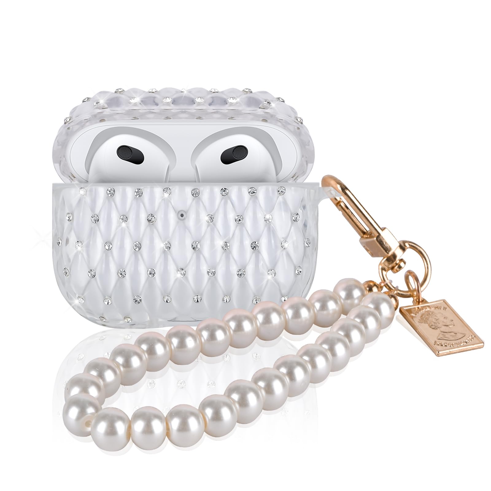 CameCosy for AirPods 3rd Generation Case Glitter Diamond with Pretty Pearl Wrist Chain,Clear Sparkle Bling Design for Women Soft TPU Shockproof Protective Cover for Airpods 3 gen