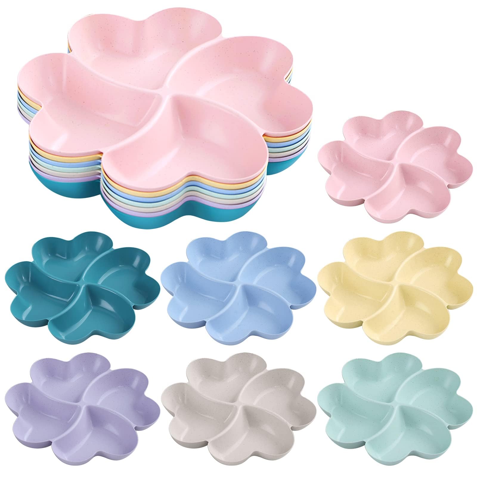 NAWOKEENY 7Pack Plastic Snack Serving Tray, Flower-shaped 4 Compartments Multifunctional Food Platter, Unbreakable Divided Serving Plates for Appetizers, Salads, Nibbles, Snacks, Party Food