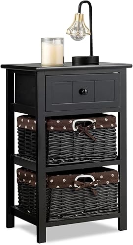 COSTWAY Mesita de noche 3 capas 1 cajón mesa auxiliar organizador madera w2 cesta negro