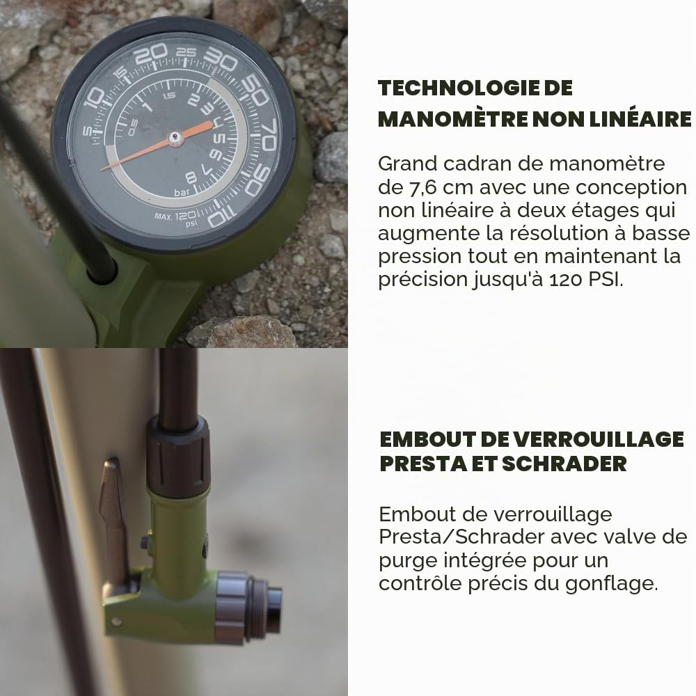 SILCA Terra Pompe à Pied pour vélo | Manomètre Basse et Haute Pression à 2 étages | Mandrin de Verrouillage réversible Presta et Schrader |Résolution de 0,5 psi jusqu'à 30 psi et Maximum 120 psi