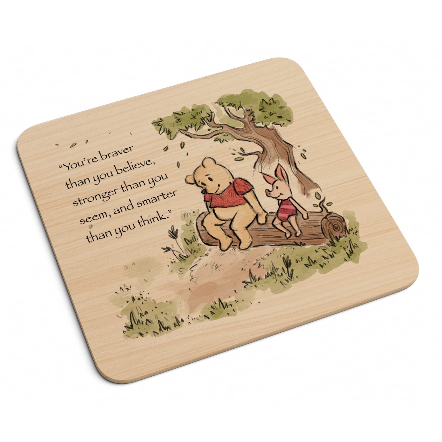 Smartypants Wood Prime Classic Winnie Pooh & Piglet Quote Wood Coaster Watercolour - Cute Sweet Heartfelt Saying Phrase Braver Stronger Smarter Best Friend Pig Bear Gift Present (Wood Prime)