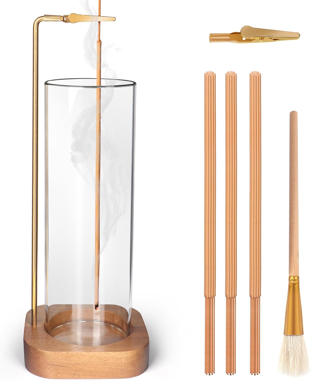 Soporte de incienso para palos, quemador de incienso con colector de cenizas de vidrio extraíble, 30 varillas de incienso y cepillo para polvo,