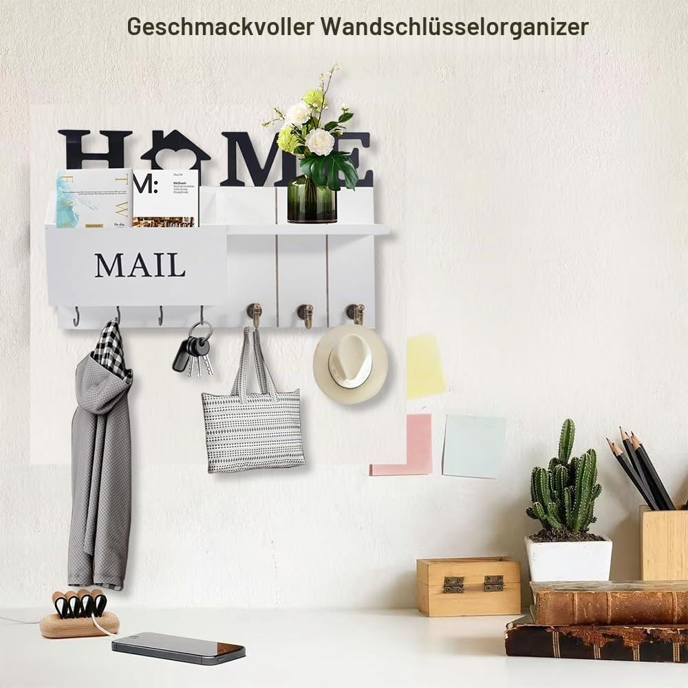 Briefhalter Schlüsselbrett, Schlüsselbretter Wandhalterung mit Ablage, Schlüsselbrett Holz mit 7 Schlüsselhaken Schlüsselhaken für Verbindungsgang Flur, Weiß