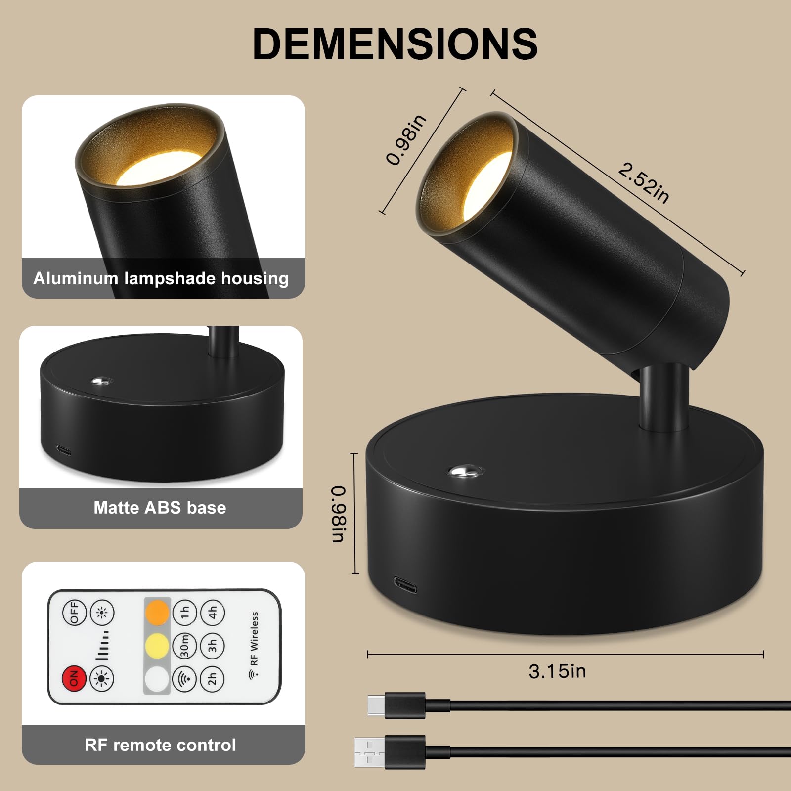 Kimjo LED Aplique Pared Interior sin Cable Recargable, Negro Focos de Pared de Interior a Pilas, USB Lámpara de Pared Regulable con Mando a Distancia para Planta Obra de Arte Salón Dormitorio, 2 Pieza