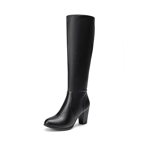 DREAM PAIRS Women's Chunky High Heel Pointed Toe Knee High Boots - 8 - Black/Pu