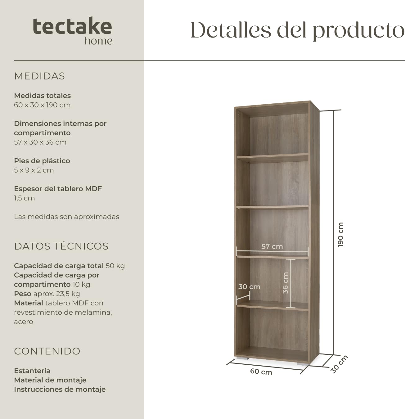 tectake® Estanteria Madera, Libreria Estanteria con 5 Compartimentos, Estanteria Almacenaje para Libros, Estanterias de Madera, Mueble Almacenaje, Estanteria Habitacion - Madera Clara, Roble Sonoma