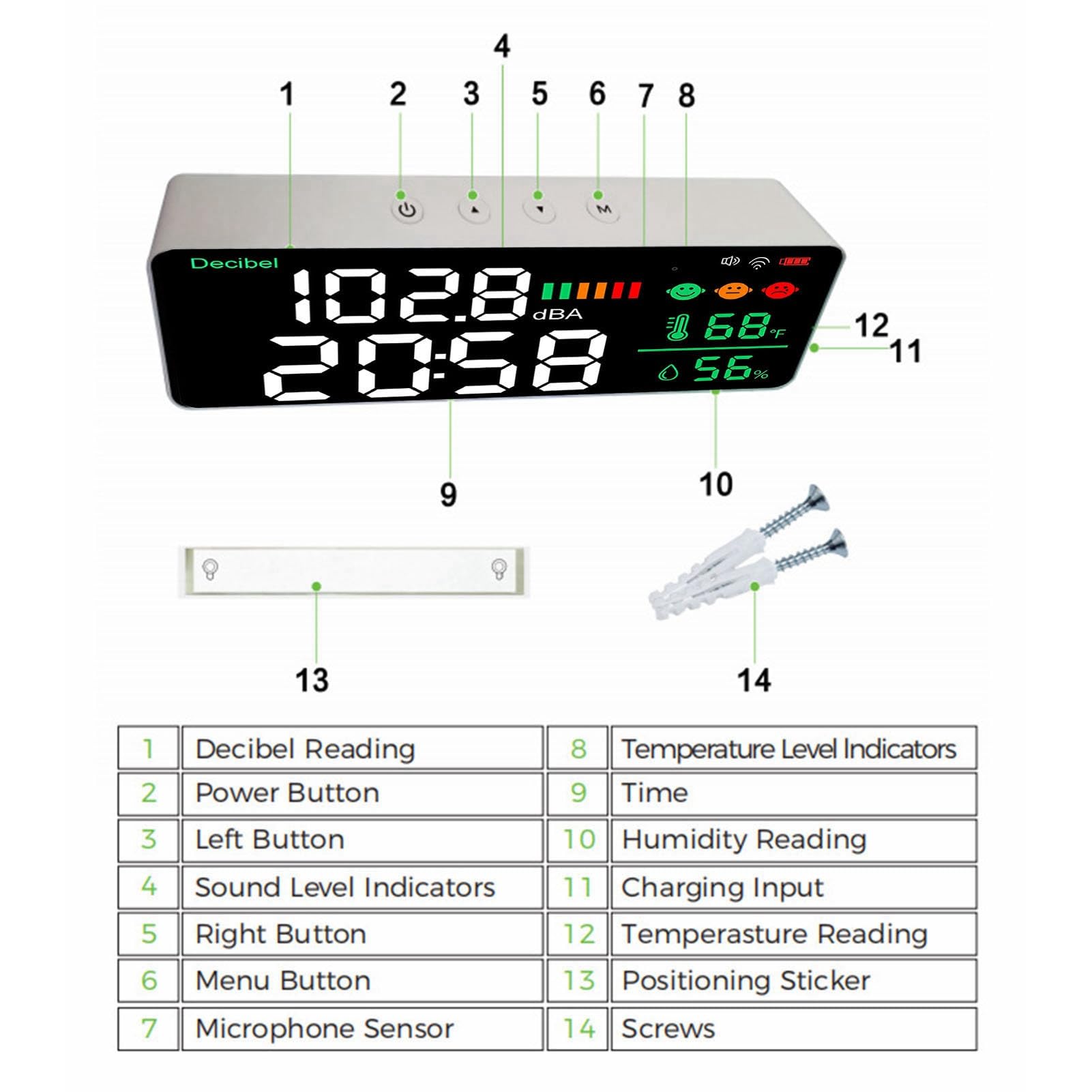 Lazmin112 Medidor de Decibelios lideró de 11 Pulgadas Con Wifi, Medidor de Ruido, Termómetro, Reloj Higrómetro para la Aplicación