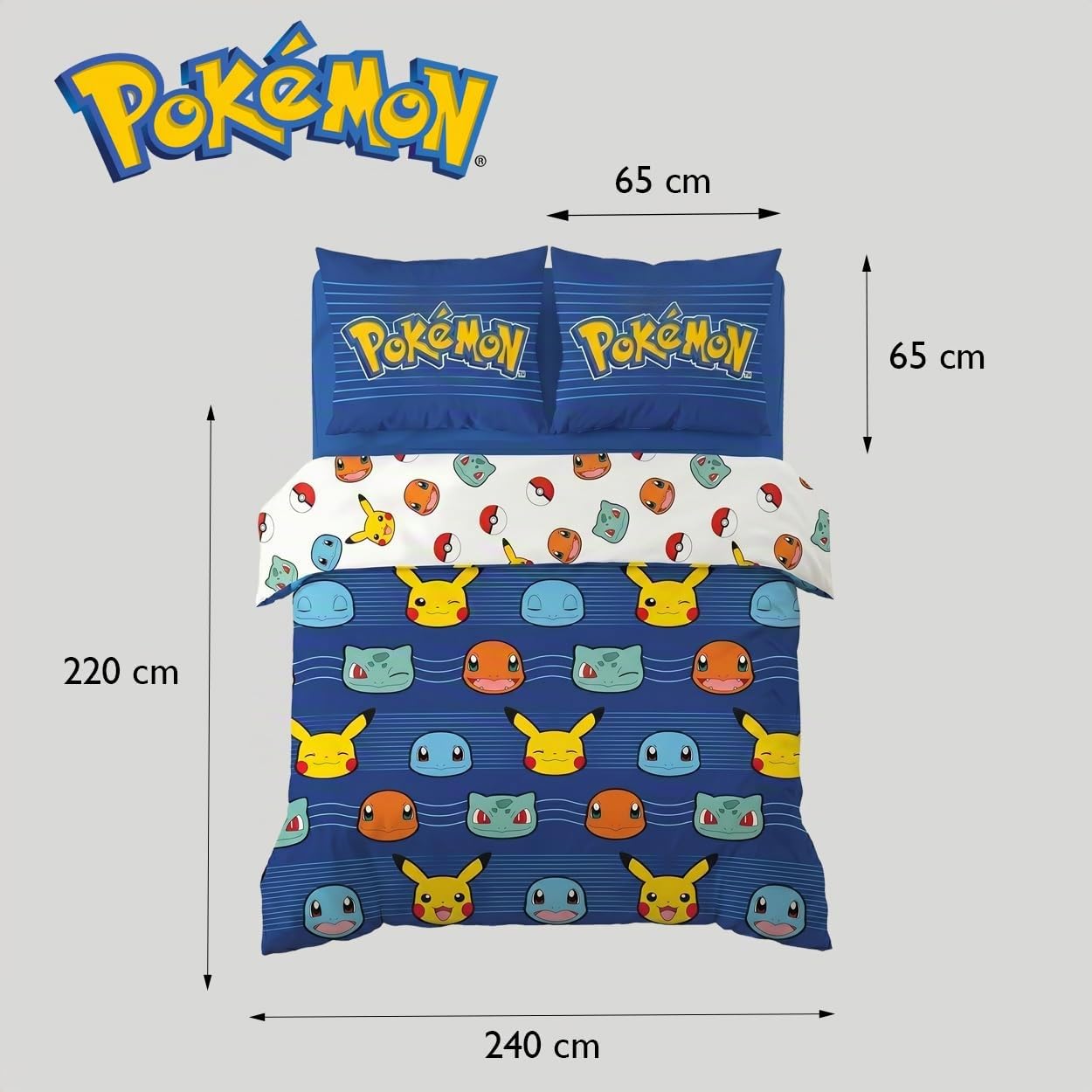Pokémon Funda Nórdica Cama 150 240x220 + 2 Fundas Pikachu Reversible | Ropa de cama 2 personas | Microfibra Oeko-Tex secado rápido | Pikachu Charmander Bulbasaur Squirtle | 2 diseños | Regalo