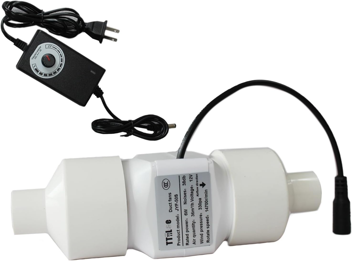 50 MM / 2 inline kanaalventilator 6W 12V Vent Booster Afzuigventilator Luchtvolume 36 M³/H Pijpventilator HVAC-ventilator for kantoor Kelder Keuken Studeerkamer Zolder Garage (Color : Black, Size