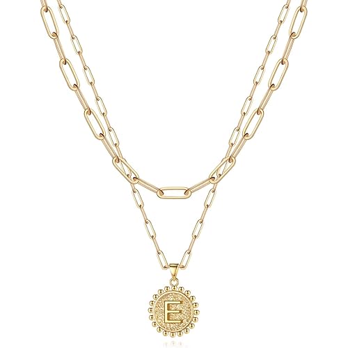 Yoosteel Gold Initial Necklaces for Women Girls, 14K Gold Plated Dainty Layering Paperclip Link Chain Necklace Personalized Coin Initial Layered Gold Necklaces for Women