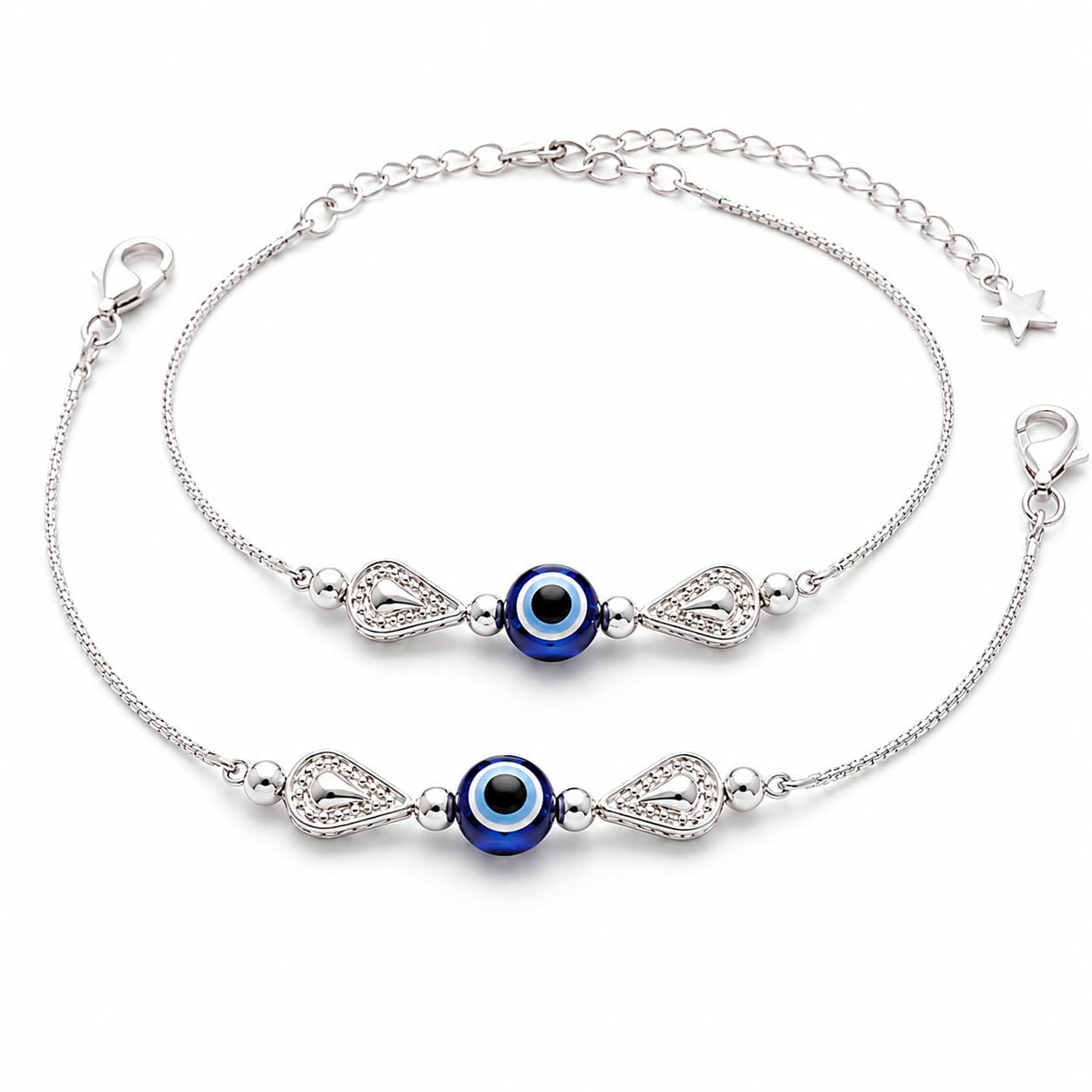 Silver Plated Nazar Anklet for Women & Girls – Braided Chain Payal with Evil Eye Enamel Charms Protection Foot Jewelry,Alloy Adjustable Ankle Bracelet, Traditional & Modern Gift-image-25