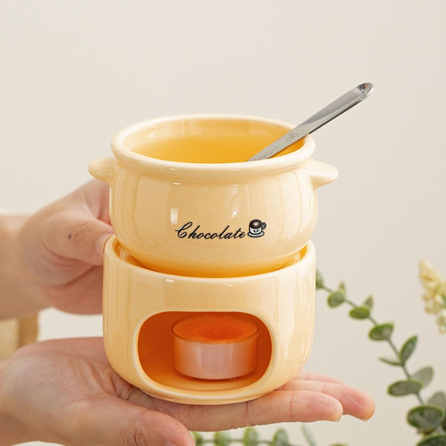 ordinarYone Ceramic Chocolate Melting Pots With Heating Base For Smooth Even Melting Fondue Cup For Baking And Dessert Making