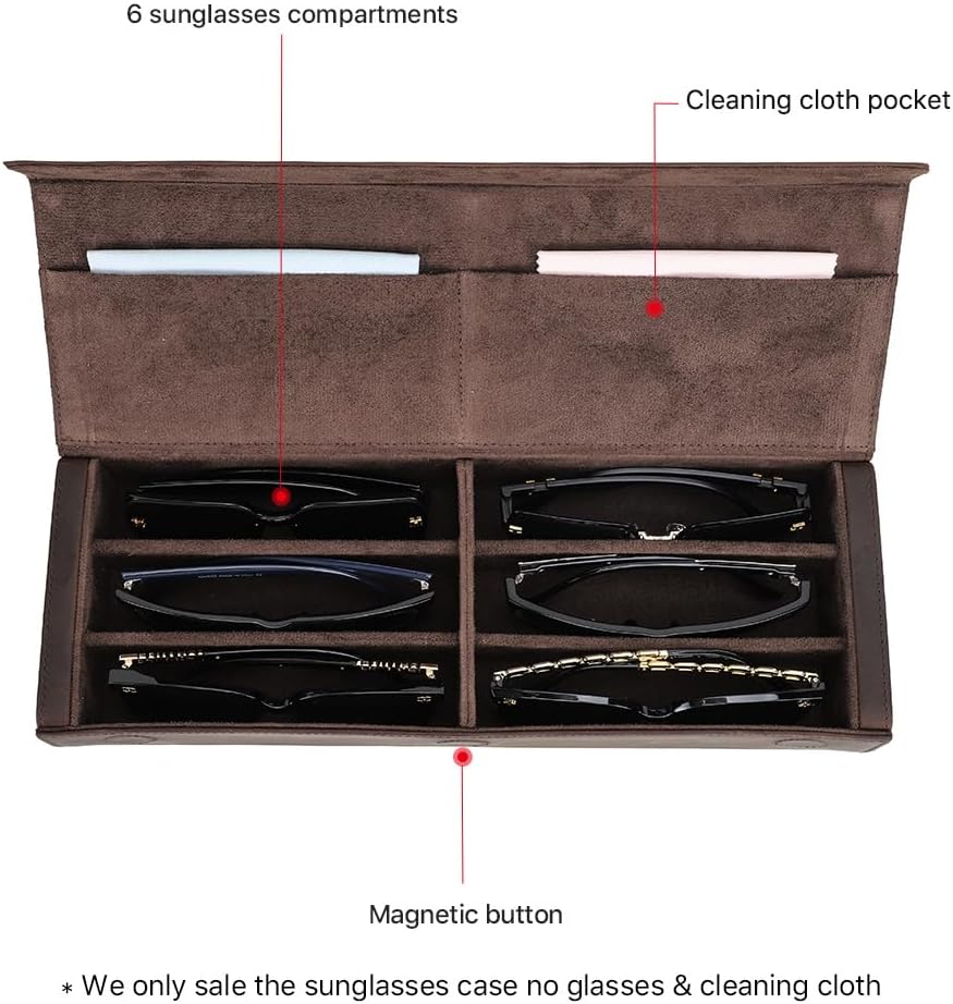 Hiram 6 Slot Sunglasses Case Genuine Crazy Horse Leather Eyeglasses Box Vintage Handmade Glasses Holder for Men Women Travel Car Office