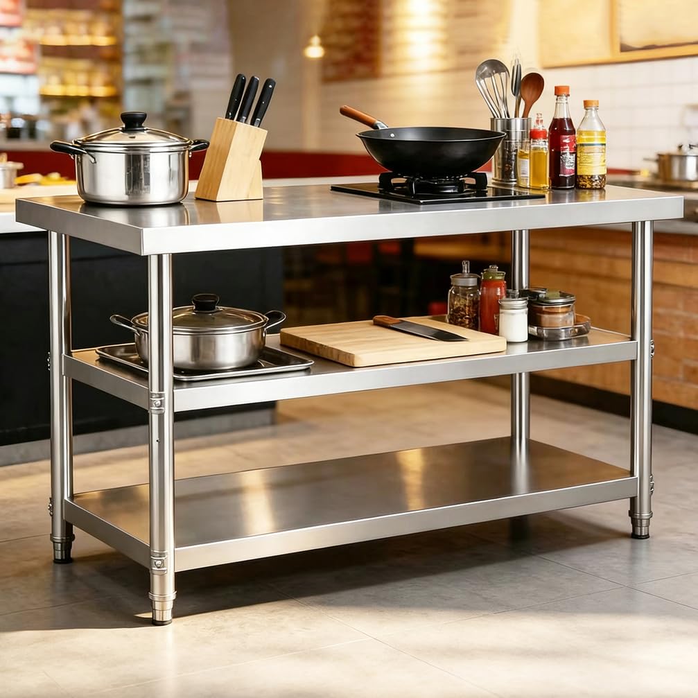 Tavolo da Lavoro in Acciaio Inox con Ripiani A 3 Livelli, Tavolo Centrale, Tavolo da Preparazione per Cucine Commerciali, Banco da Lavoro per Cucina, Garage, Ristorante,120x60x80cm