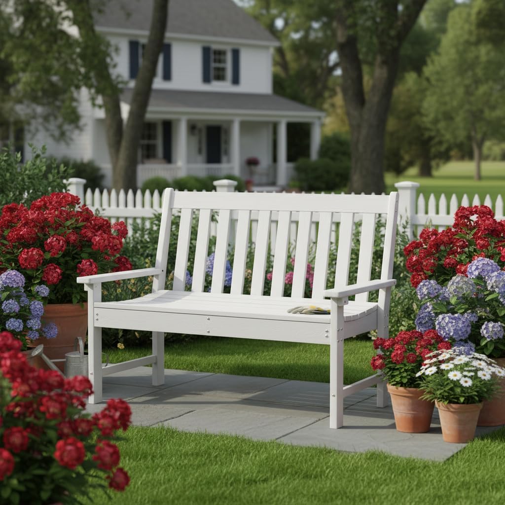 Tangkula HDPE Outdoor Garden Bench with Backrest, 2-Person All-Weather Patio Loveseat Chair with Slatted Seat, 705 lbs Weight Capacity, Patio Benches for Balcony, Garden, Porch, Backyard & Park, White