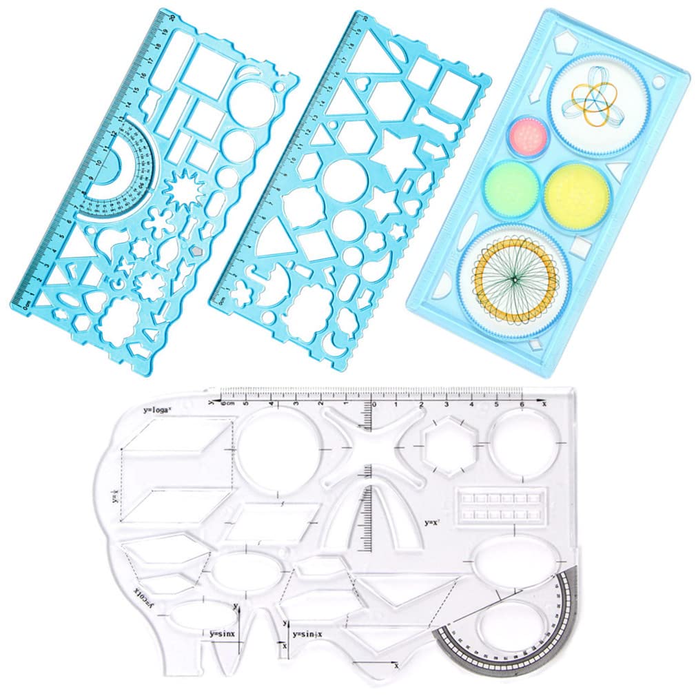 Morices 4 Pcs Geometric Drawing Ruler Set, Multifunctional Transparent Mathematics Learning Template Measuring Ruler Circle Drawing Tool, Graphic Ruler with Clear Scale for Craft Arts School Office